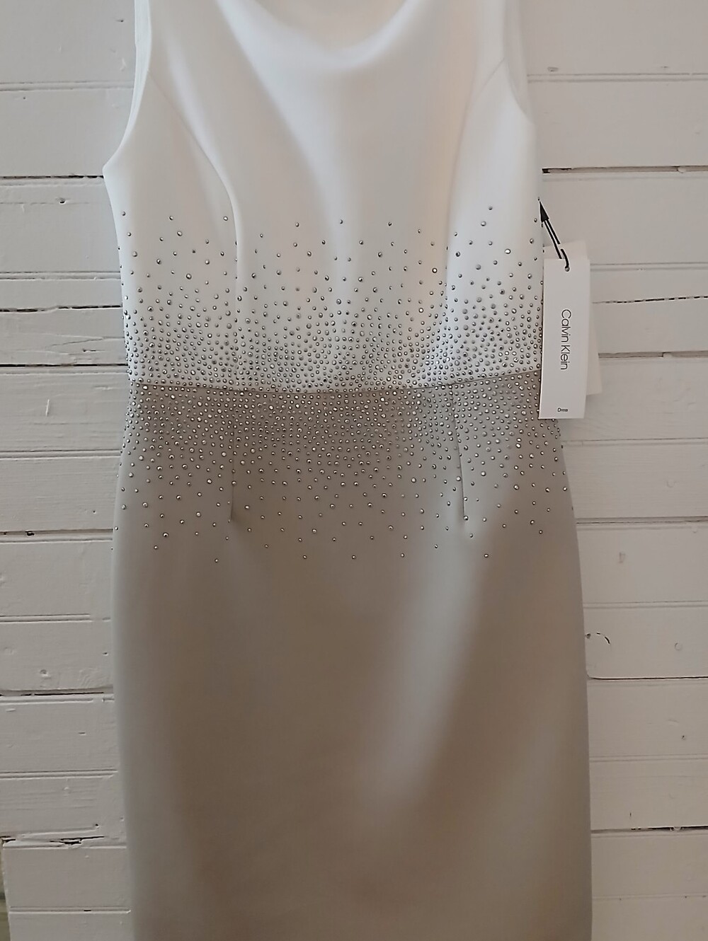 Calvin Klein Colorblock Rhinestone Dress Sz 4 ~ White & Beige ~ MSRP $139 ~ NWT